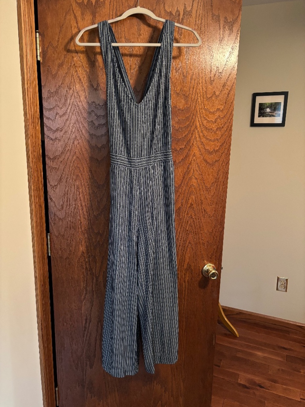 Skies are blue deep v neck pinstriped jumpsuit